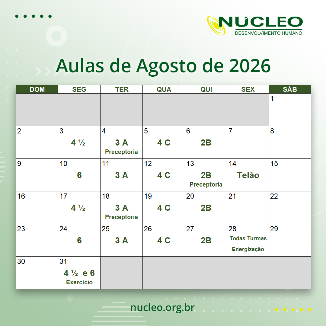 Cronograma de Aulas de Agosto de 2026